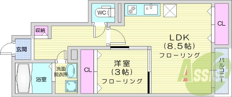 1LDK、温水洗浄便座付き、追い炊き機能付き、浴室乾燥機付き