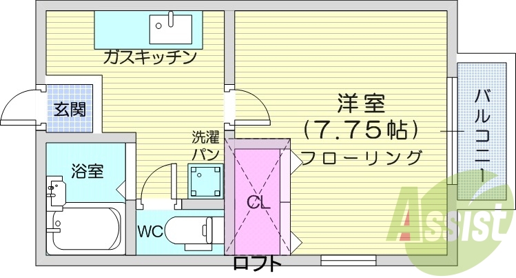 １K、ロフト、温水洗浄便座、追い焚き機能、エアコン