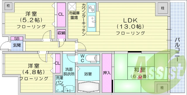 ３ＬＤＫ、シャワー、エアコン１台、ＩＨコンロ。