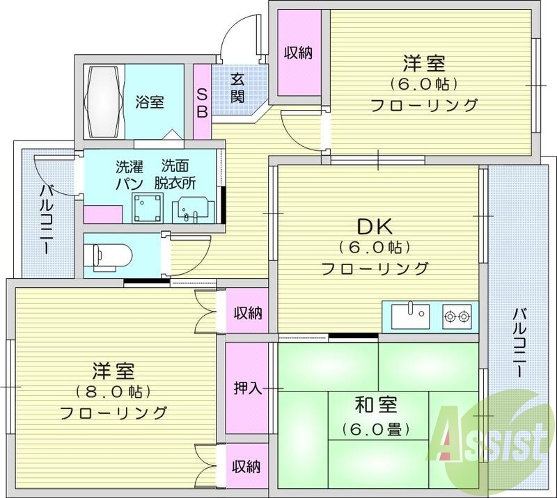 3DK、閑静な住宅街、バストイレ別、追焚機能付き、都市ガス