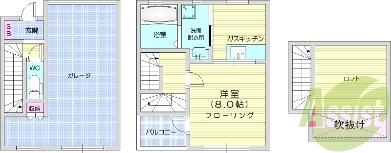 1DK、バストイレ別、室内洗濯機置場、独立洗面台、ロフト