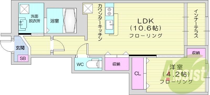 1LDK、インナーテラス、独立洗面台、Wi-Fi対応