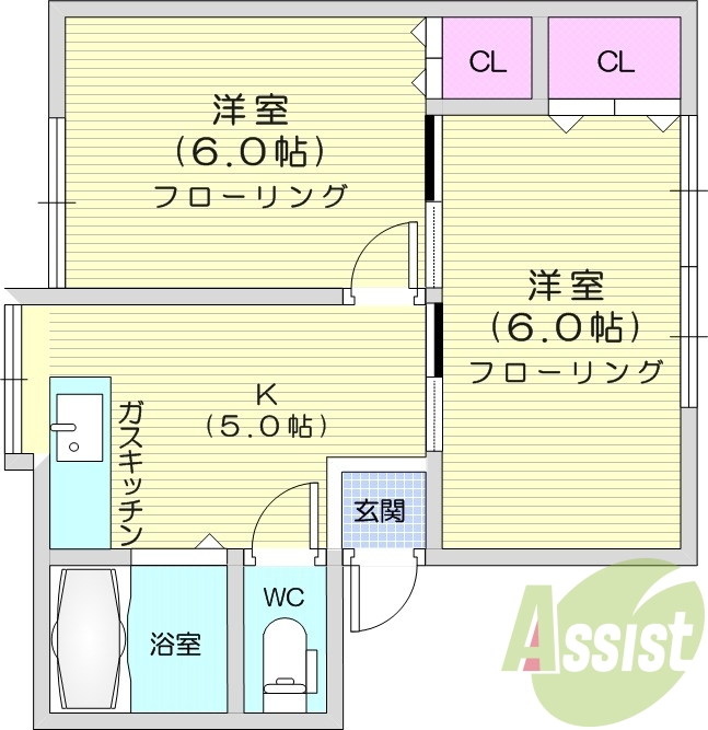 2K、南向き、シャワートイレ、バストイレ別、エアコン