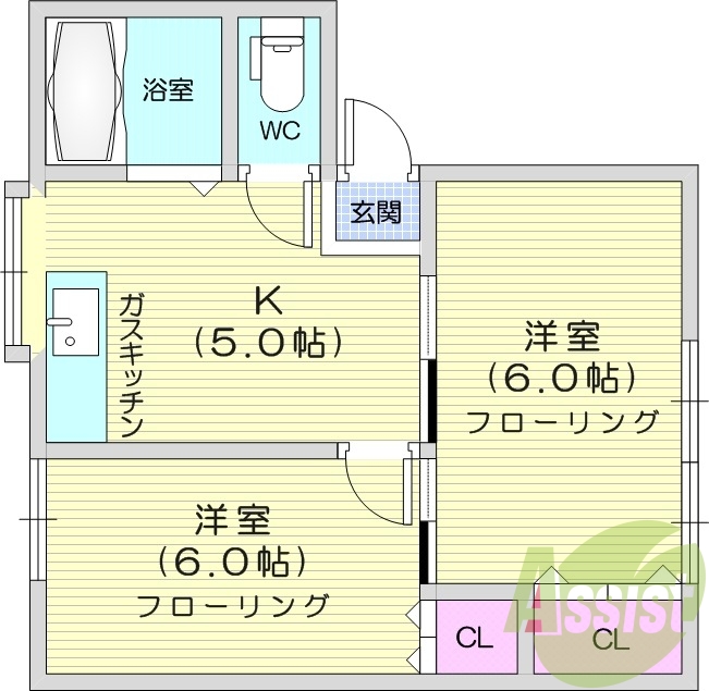 2K、追い焚き、南向き、シャワー付きトイレ、バストイレ別