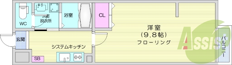 1K、ペット飼育可、宅配ボックスあり、浴室乾燥機付き