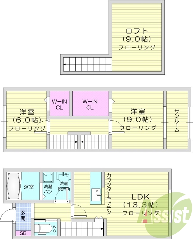 2LDK、ロフト付き、宅配ボックス、追い焚き、ネット無料