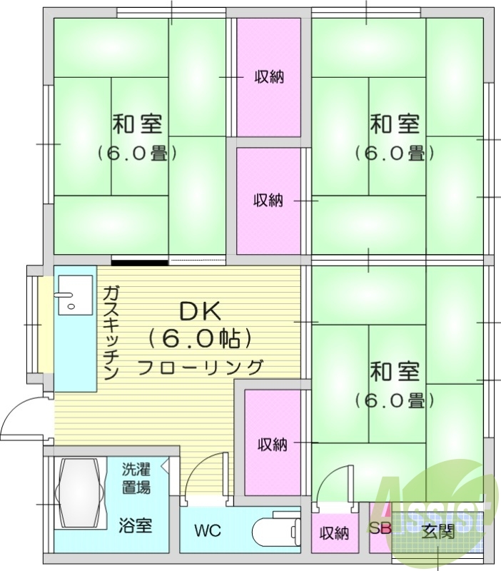 3DK、追い焚き機能、温水洗浄便座、バストイレ別。