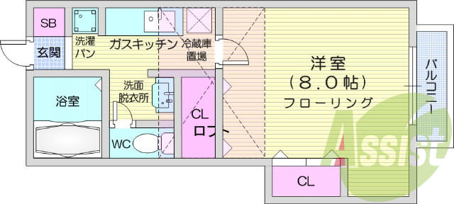 1K、バストイレ別、洗濯機置場、追い焚き機能