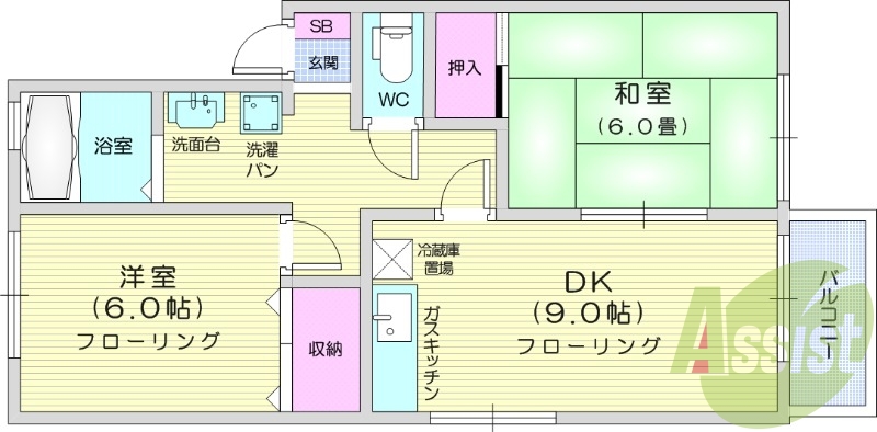 2LDK、バルコニー、追炊機能、浴室乾燥機付き