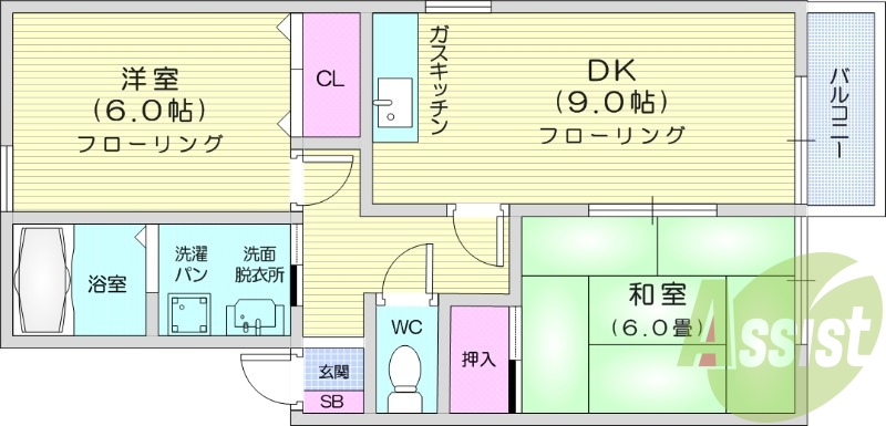 2LDK、インターネット対応、バルコニー、独立洗面台