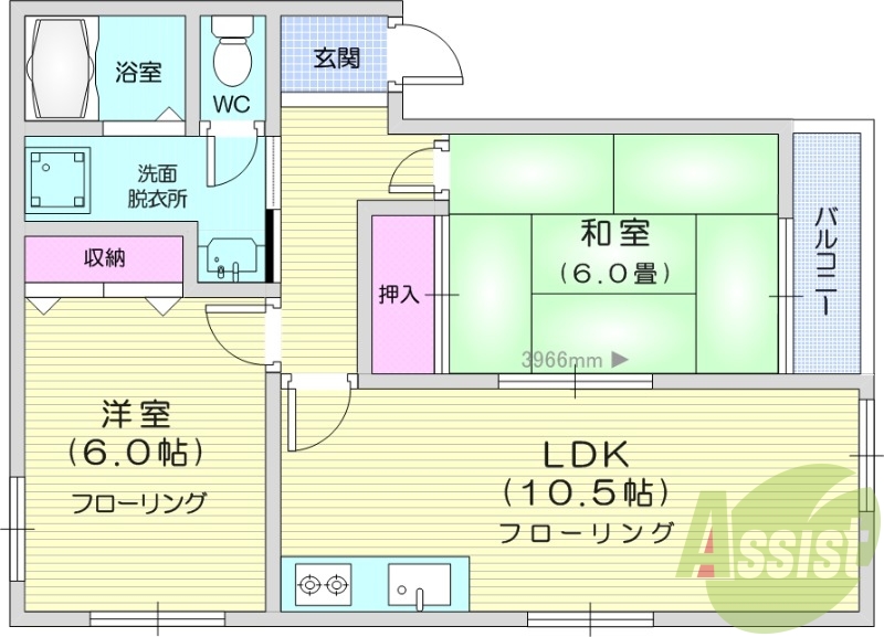 2LDK、バス・トイレ別、温水洗浄便座、室内洗濯機置場