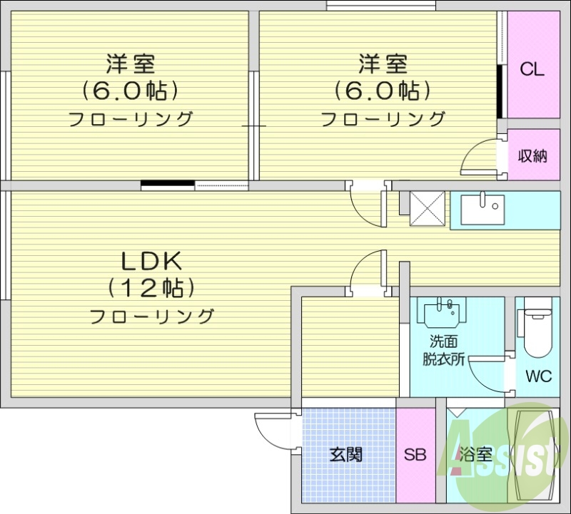 ２LDK、バス・トイレ別、独立洗面台、エアコン、敷地内駐車場