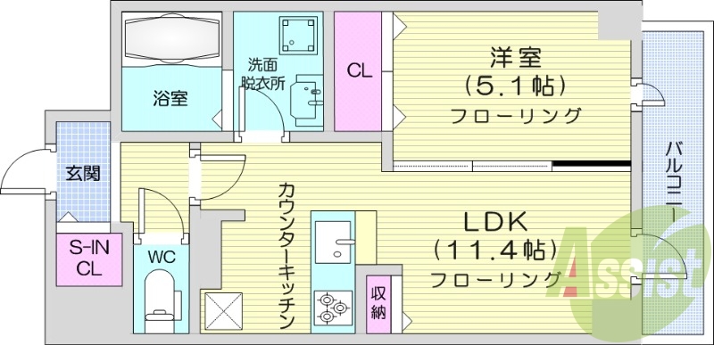 1LDK、オートロック、浴室乾燥機、バルコニー。