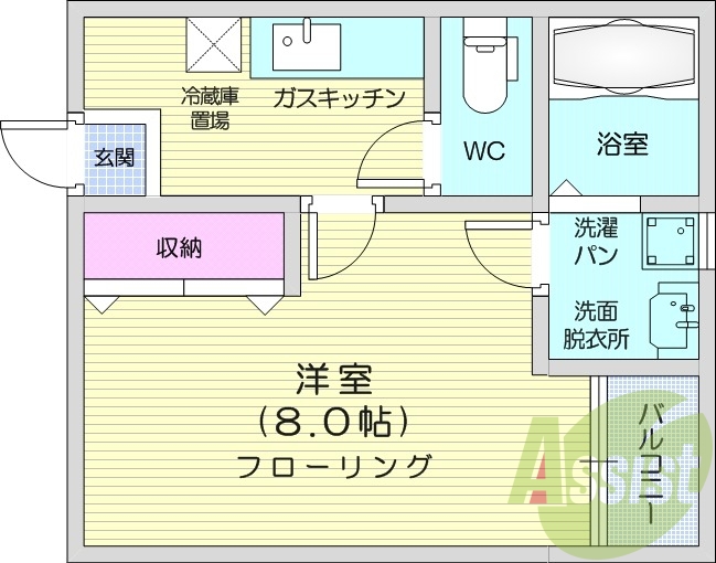 1K、独立洗面台、バルコニー、インターネット対応