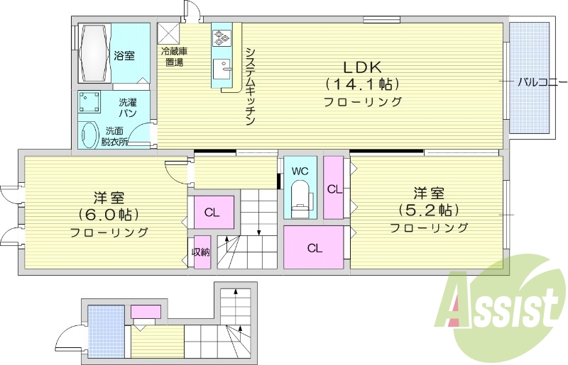 2LDK、バストイレ別、陽当たり良好、室内洗濯置場
