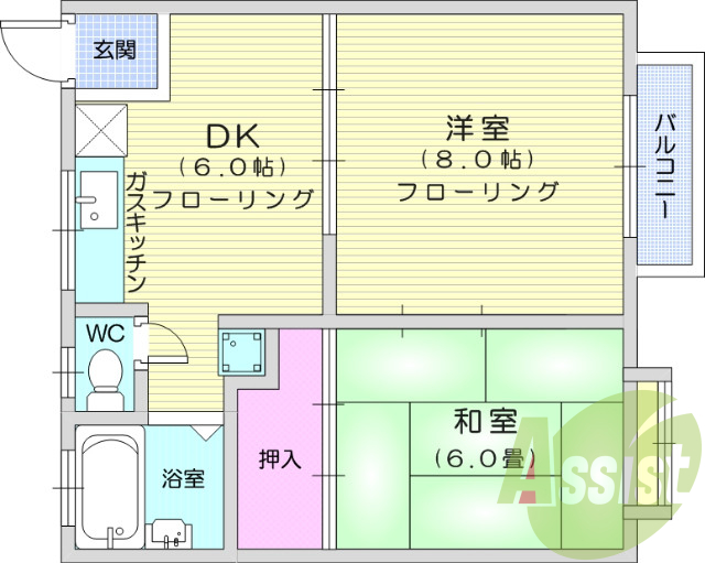 2DK、室内洗濯機置場、出窓、プロパンガス、収納