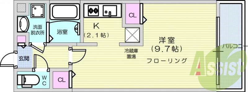 1K、エアコン、エレベータ、システムキッチン、防犯カメラ
