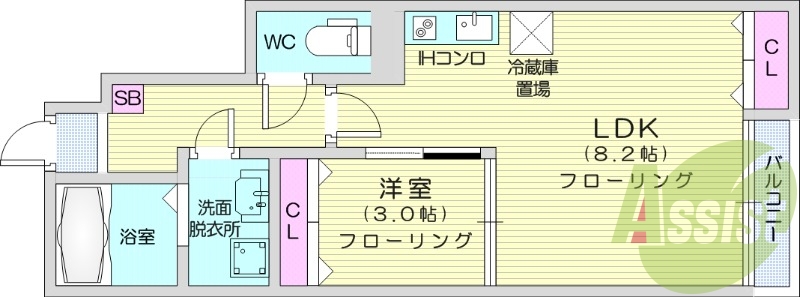 1LDK、システムキッチン、追い焚き機能、エアコン