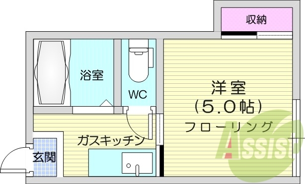 1K、フローリング、バストイレ別