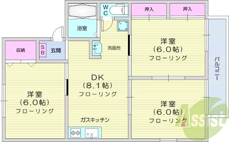 3DK、角部屋、TVインターホン、駐車場有