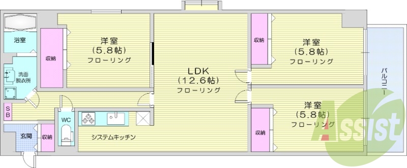 3LDK、TVインターホン、エアコン付き