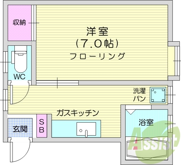 バストイレ別、ガスキッチン、洋室7帖、収納