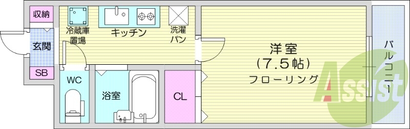 1K、モニター付きインターホン、バストイレ別