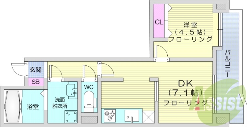 1DK、マンション、角部屋、バストイレ別、室内洗濯機置き場