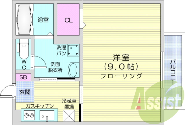１K・エアコン、TVインターホン、居室照明、脱衣所