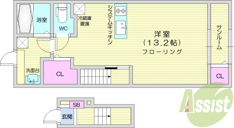 １R、サンルーム、防犯カメラ、ネット使用料不要、24時間換気