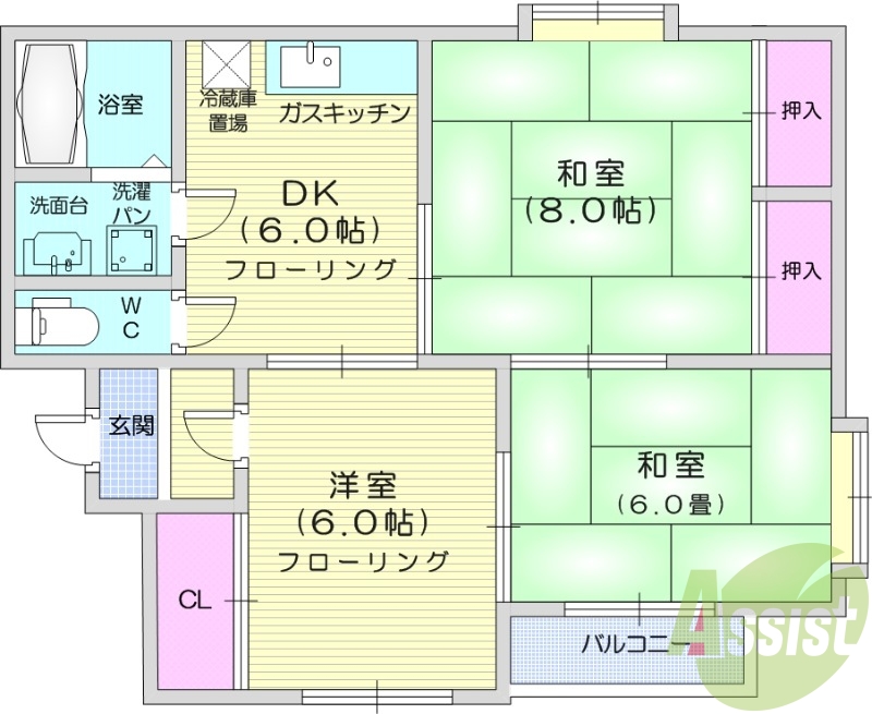 3DK、南向き、ペット相談、バストイレ別、光ファイバー