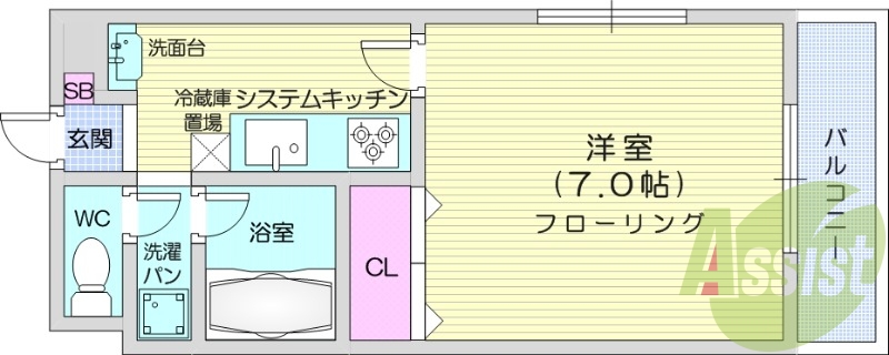 １Ｋ、東向き、フローリング、室内洗濯機置き場、エアコン