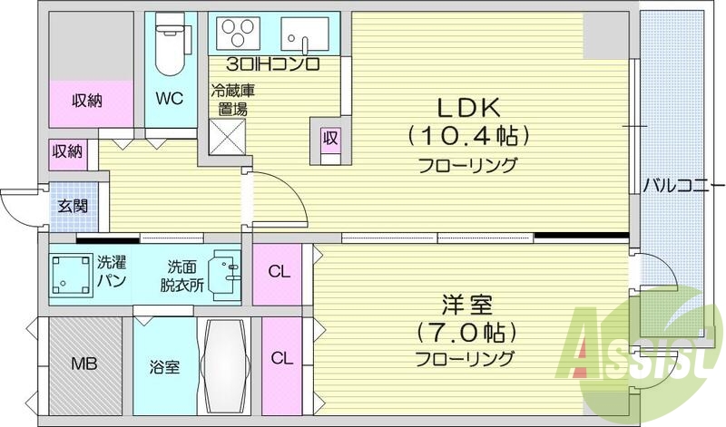 1LDK、エアコン、IH、トランクルーム、システムキッチン。