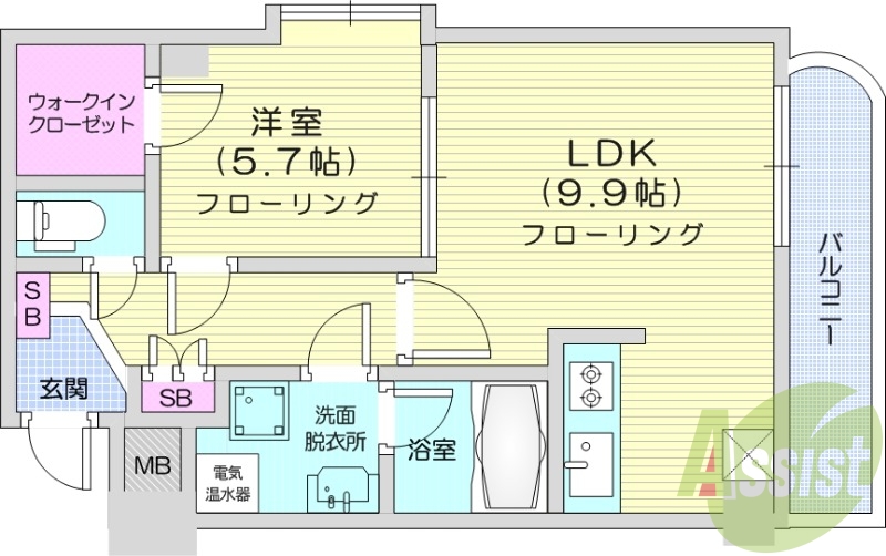 １LDK、バス・トイレ別、温水洗浄付便座、室内洗濯機置場