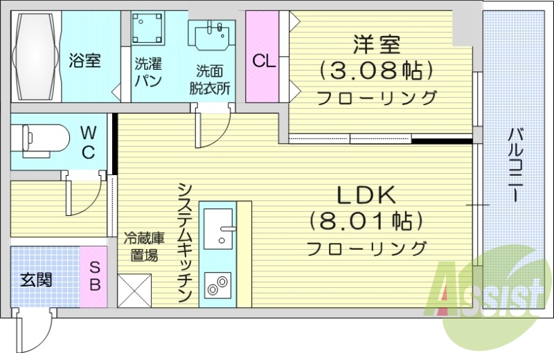 1LDK、フローリング、浴室乾燥機、モニター付き