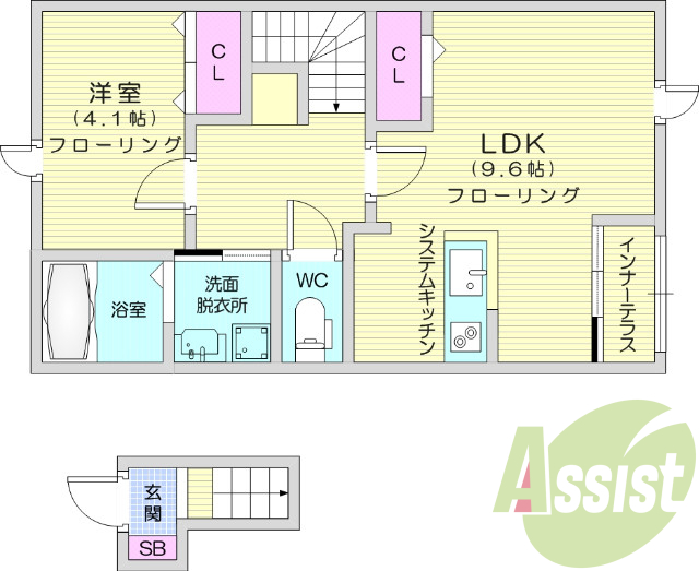 1LDK、インナーテラス、フローリング、エアコン