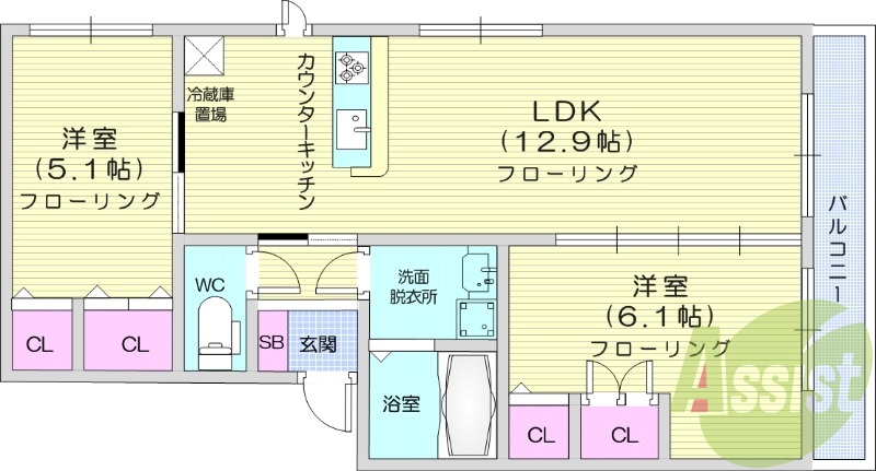 2LDK、浴室乾燥機、室内洗濯機置場、温水洗浄便座