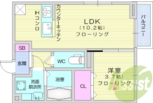 1LDK、エアコン、クローゼット、IHコンロ
