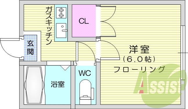 1Ｋ，エアコン、室内洗濯機置場、トイレ浴室別、クローゼット