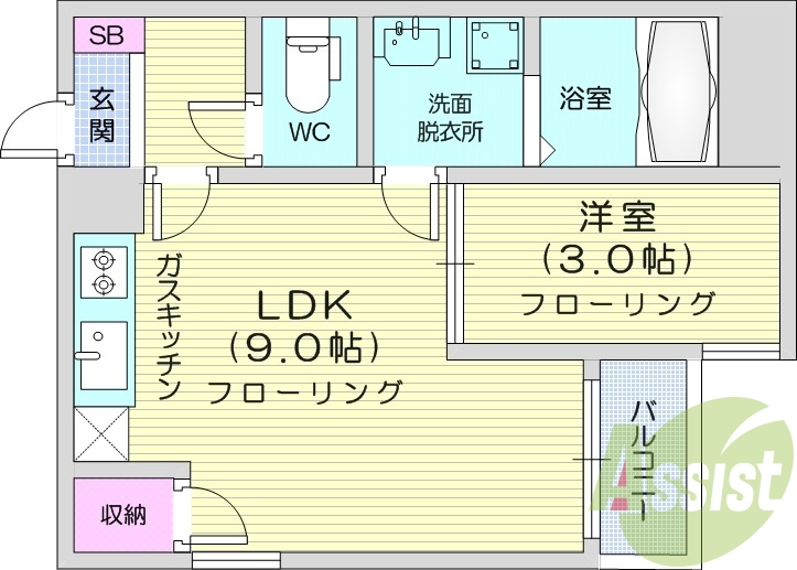 1LDK、都市ガス、モニタ付インターホン