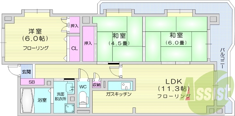 3LDK、オートロック、モニター付きインターフォン、都市ガス