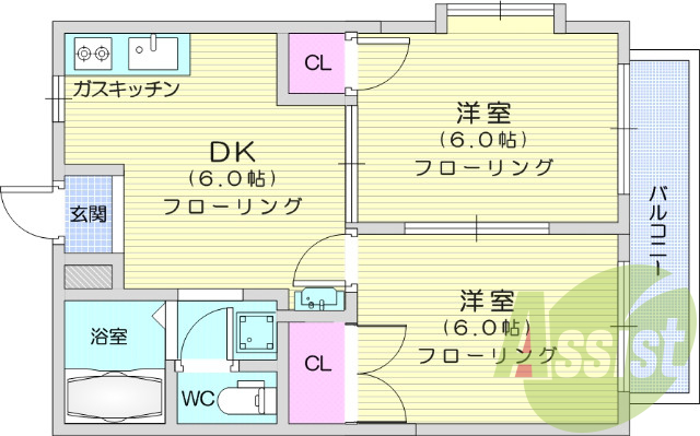 2DK、シャンプードレッサー、温水洗浄便座。