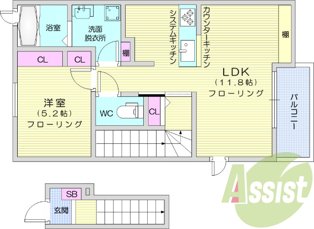 1LDK、フローリング、エアコン、クローゼット