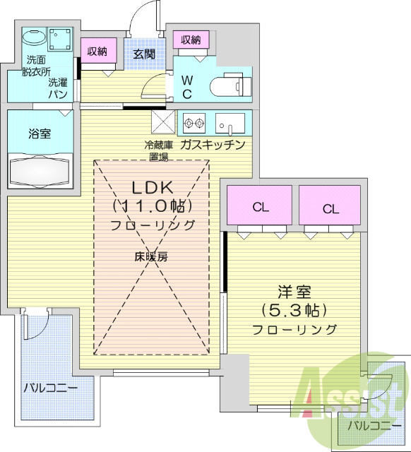 １LDK、床暖房、複層ガラス、非接触型ICカードキー