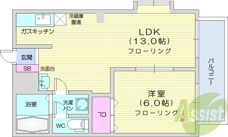 1LDK、バストイレ別、ウォシュレット、エアコン、バルコニー