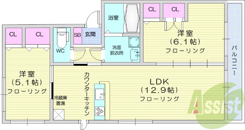 2LDK、浴室乾燥機、室内洗濯機置場、温水洗浄便座
