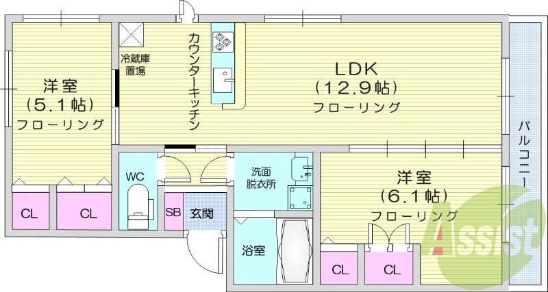 2LDK、浴室乾燥機、室内洗濯機置場、温水洗浄便座