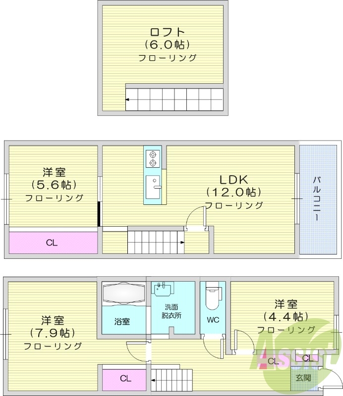 3LDK、メゾネット、追い焚き、インターネット無料