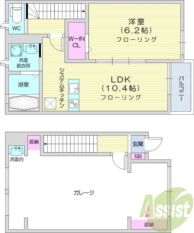 1LDK、ガレージ付、浴室乾燥機付き、バルコニー。