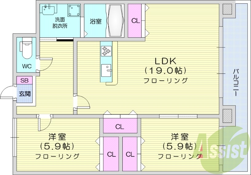 2LDK、オートロック、カメラ付きインターフォン